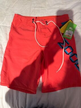 Moods of Norway Coral Swim Board Shorts with Blue Logo Accent